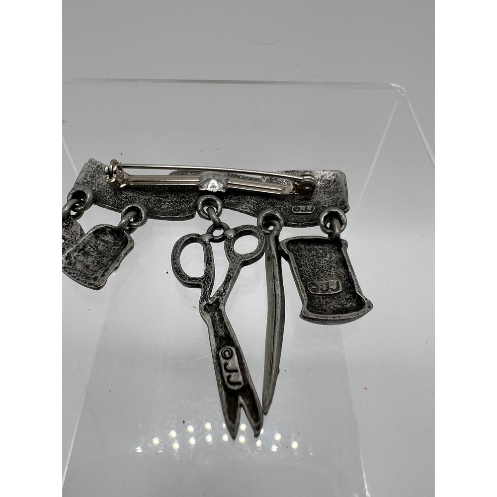 Vintage JJ Jonette Pewter Sewing Charm Pin Brooch 2" Silver Tone - Picture 5 of 9